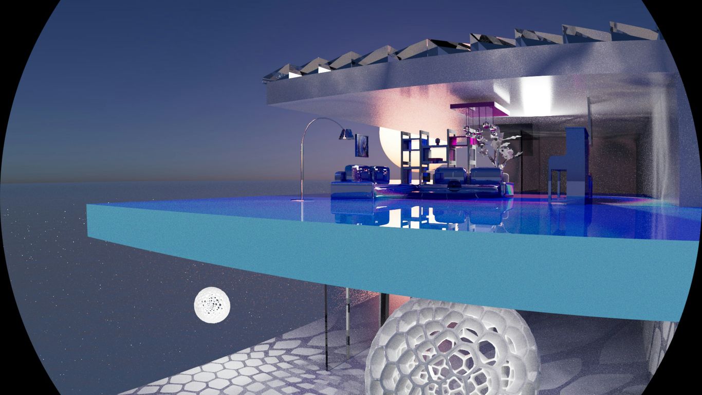 Modern luxury home with infinity pool at night.