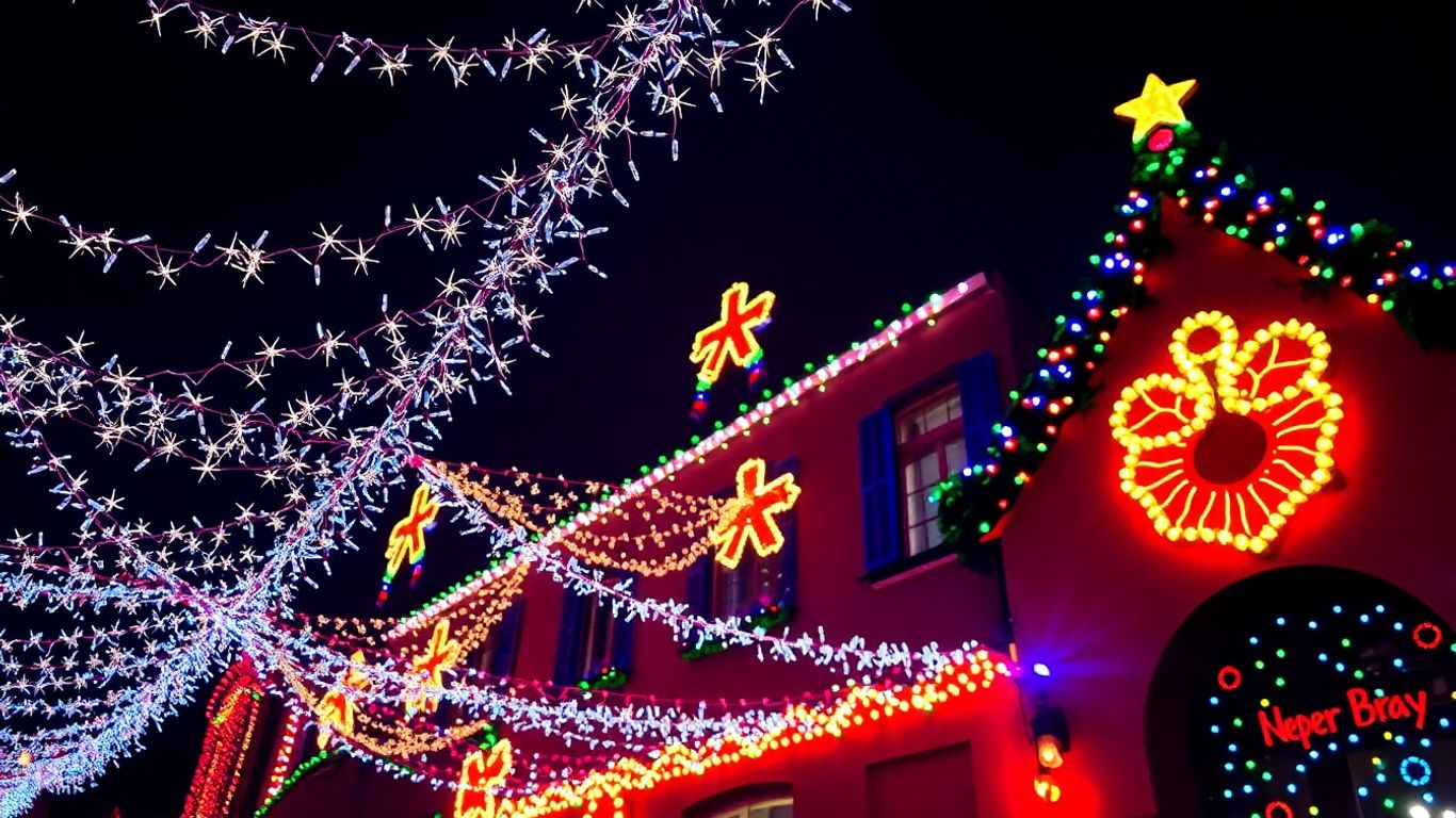 Building decorated with colorful Christmas lights at night.
