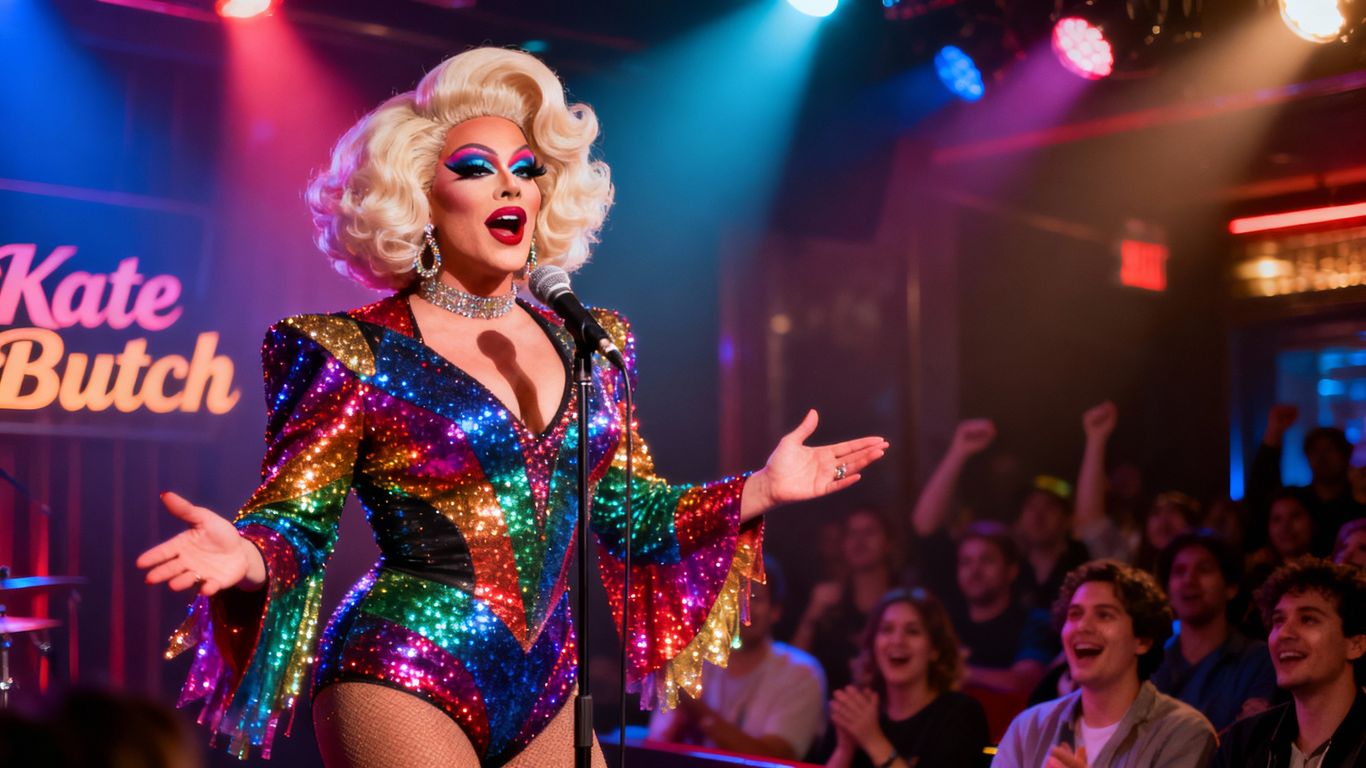 [Kate Butch] performing in drag at comedy club.