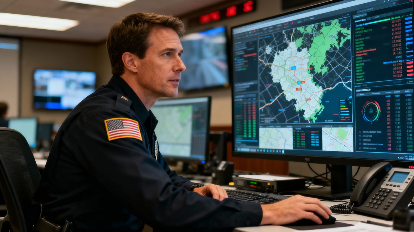 A person in uniform works at a computer with maps and data.