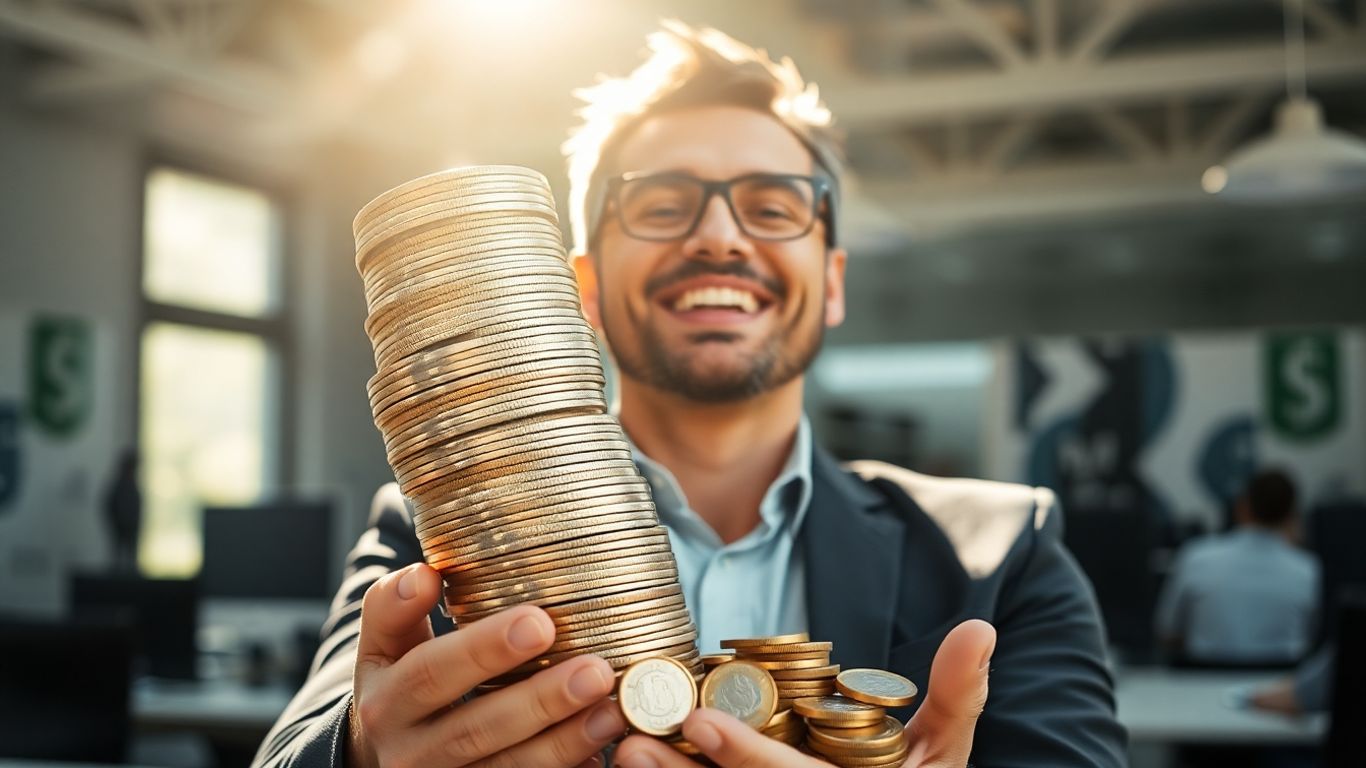 Business owner holding stack of coins, saving money.