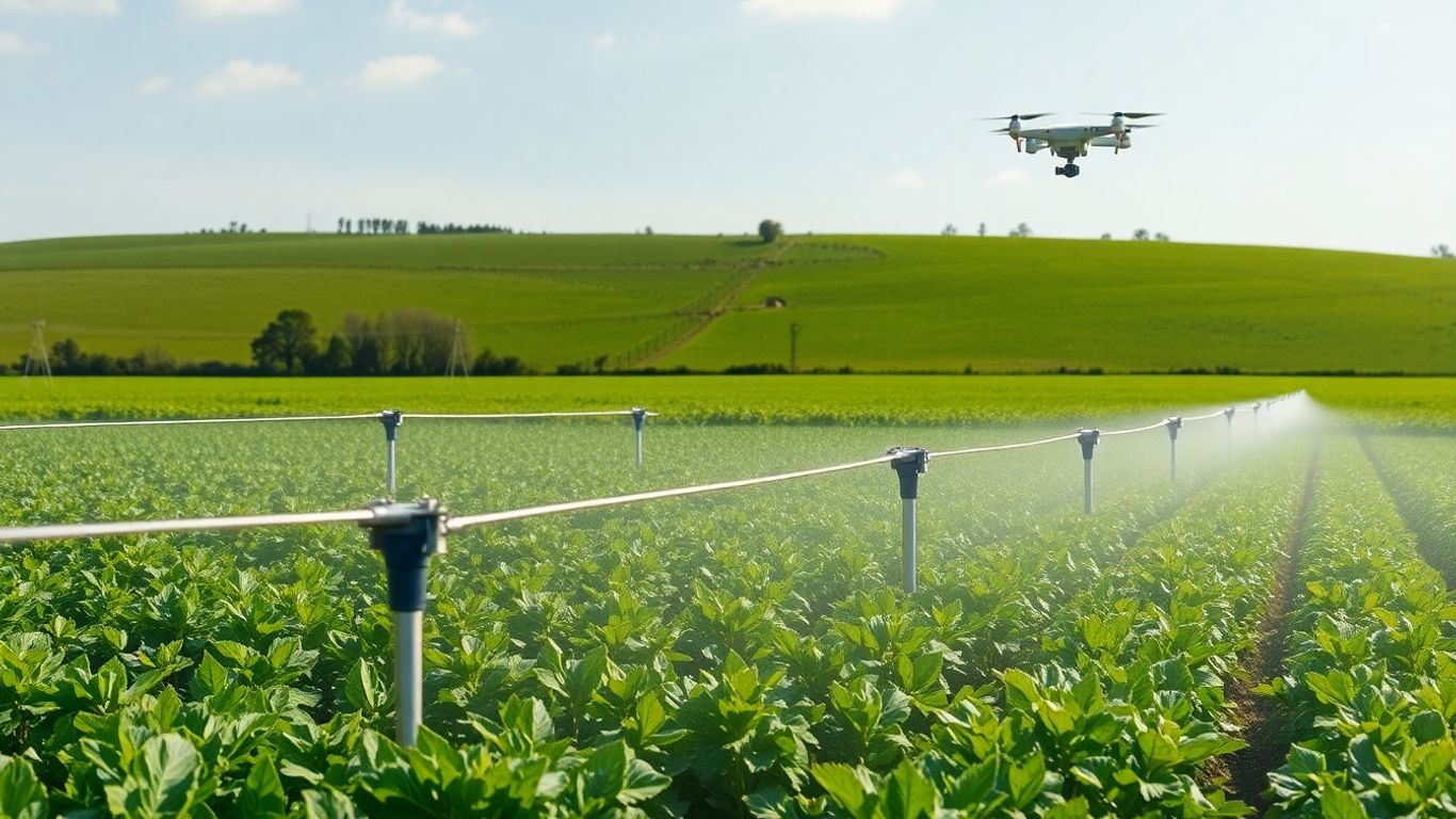 Agricultură modernă cu irigații inteligente și drone.
