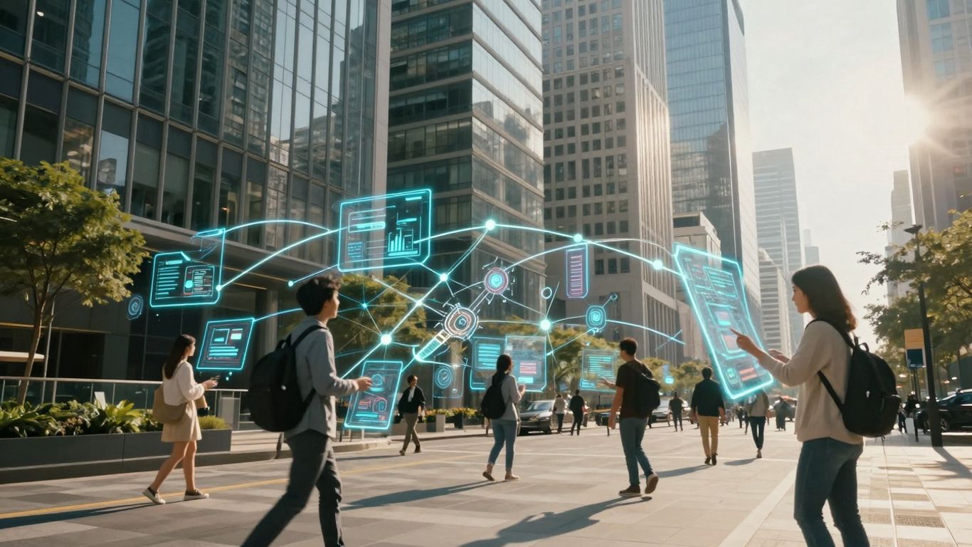 Oameni interacționând cu tehnologia digitală în oraș.