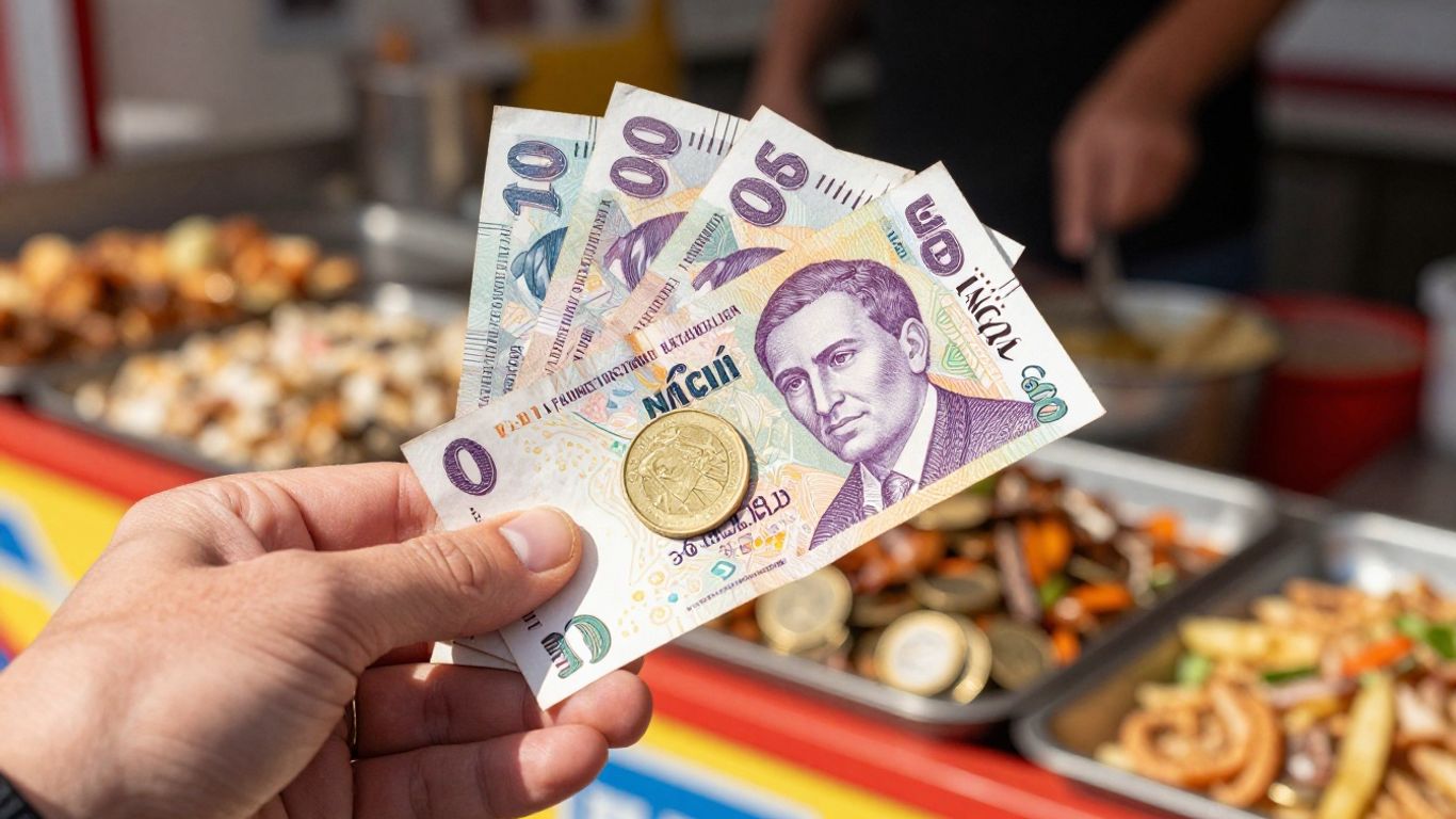 Mână cu bani în fața unei tarabe de street food.