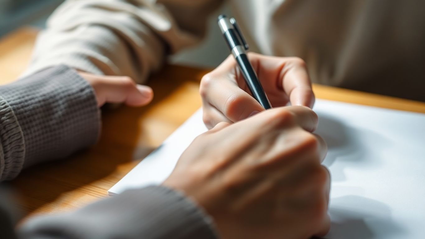 Person writing on paper with a pen.