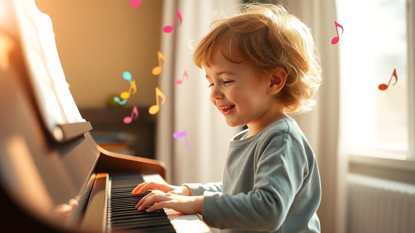 Copil cântând la pian, note muzicale colorate în aer.