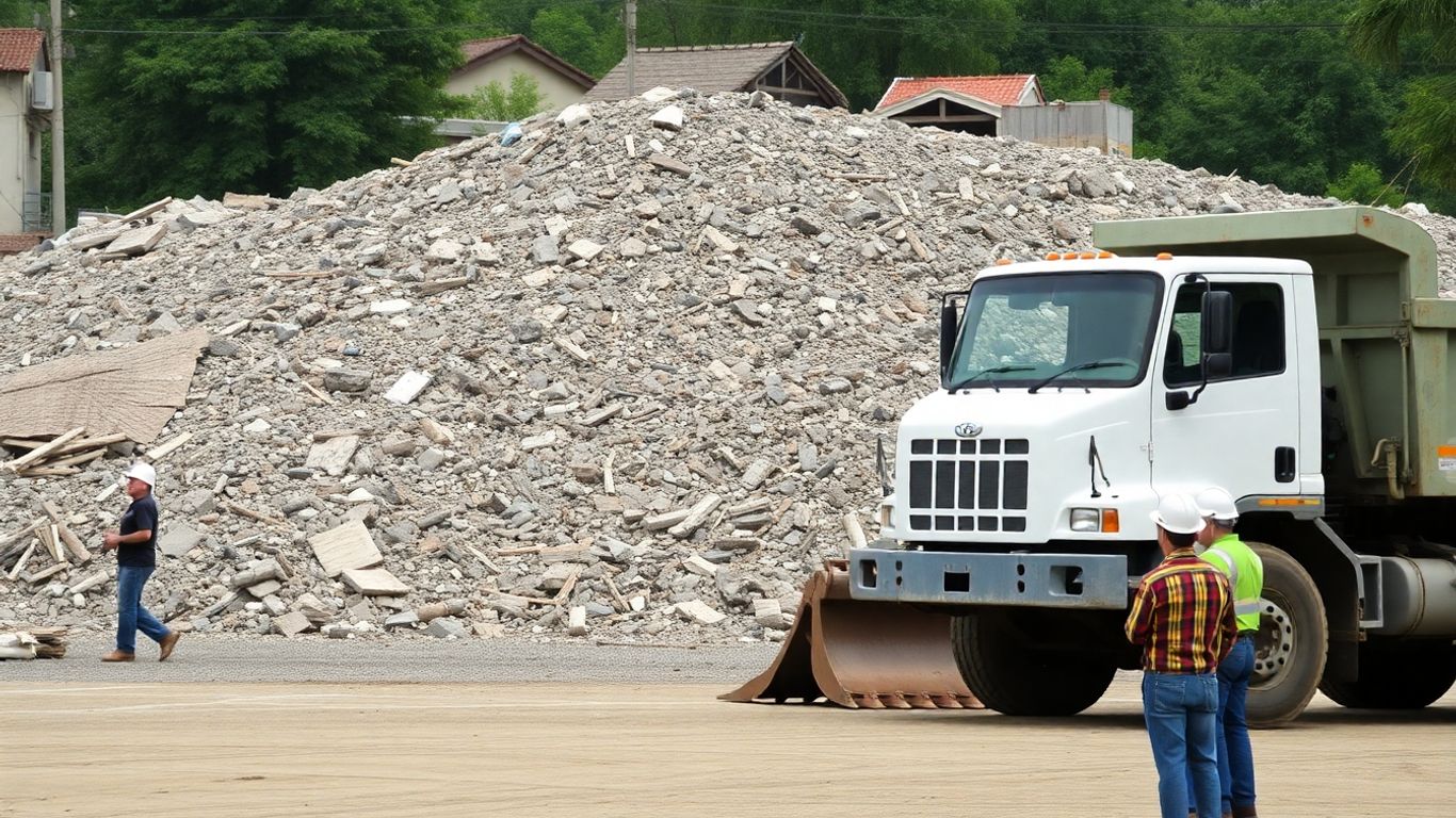 Construction debris pile with cleanup truck and workers.