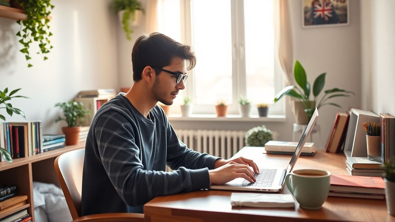 Person writing on laptop by window with coffee