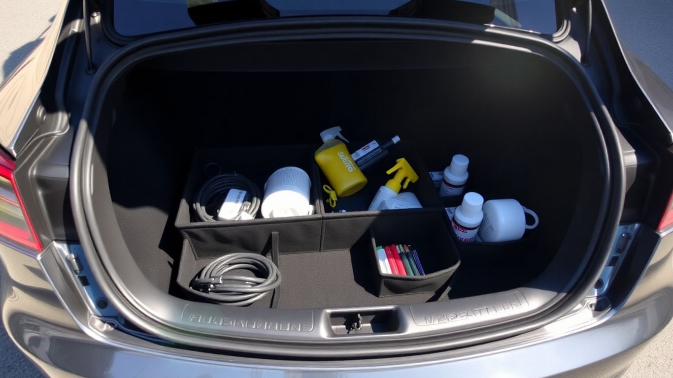 Tesla frunk organizer with car accessories