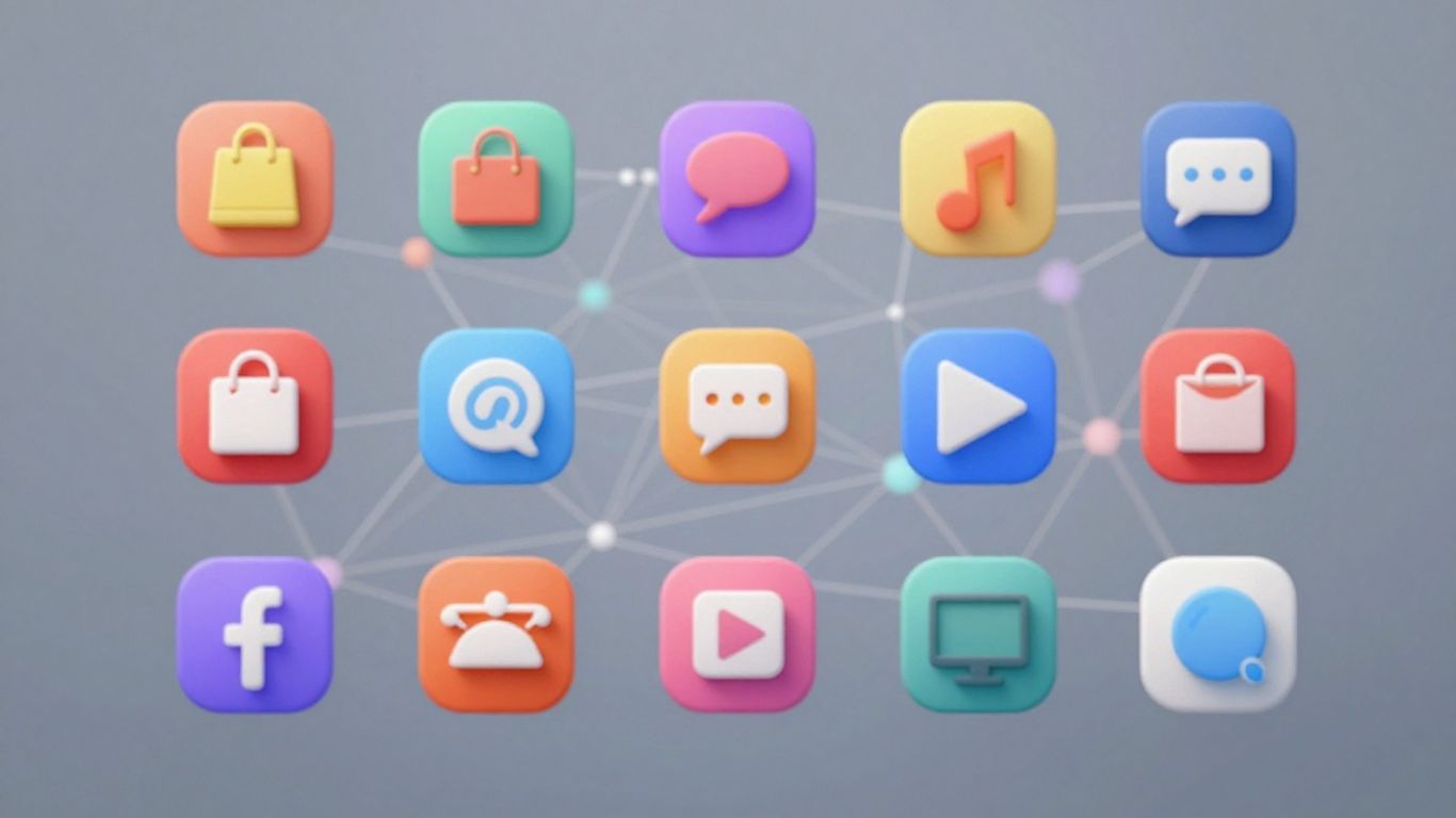 Diverse app icons floating above a digital network.