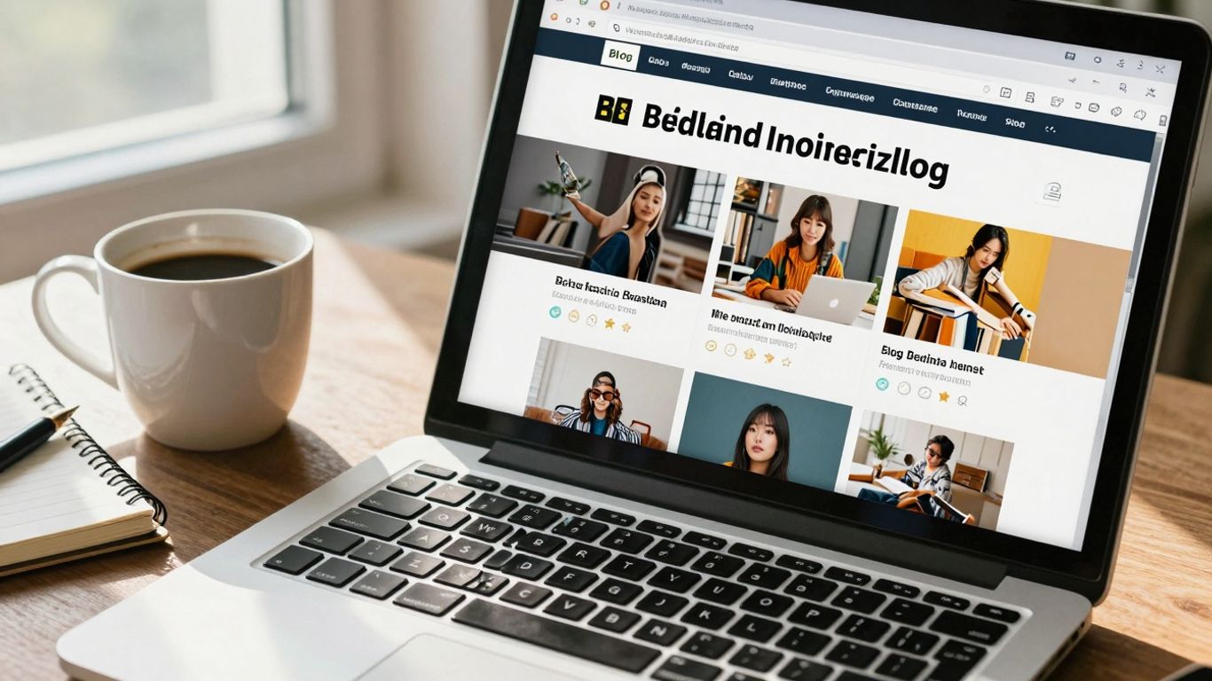 Laptop screen with blog interface, coffee, and notebook.