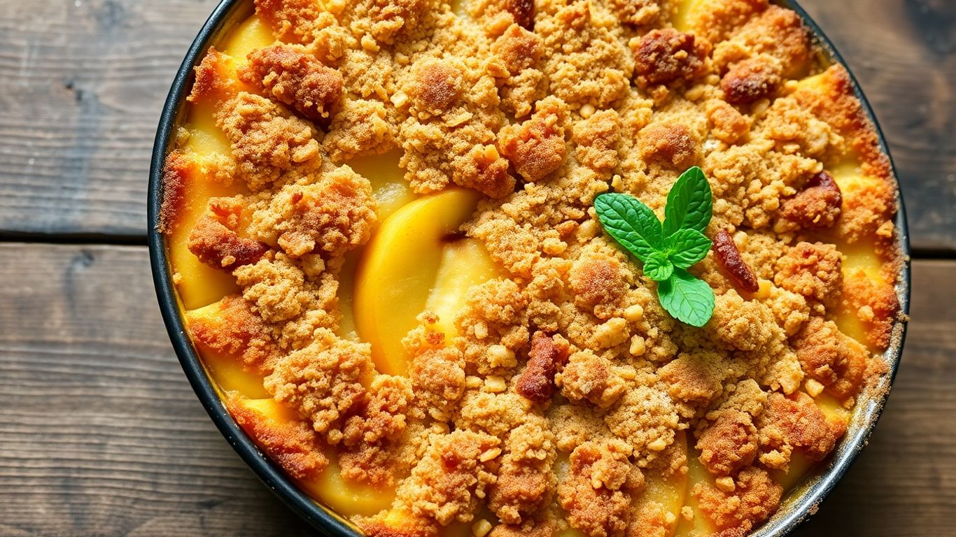 Golden apple casserole with streusel topping.