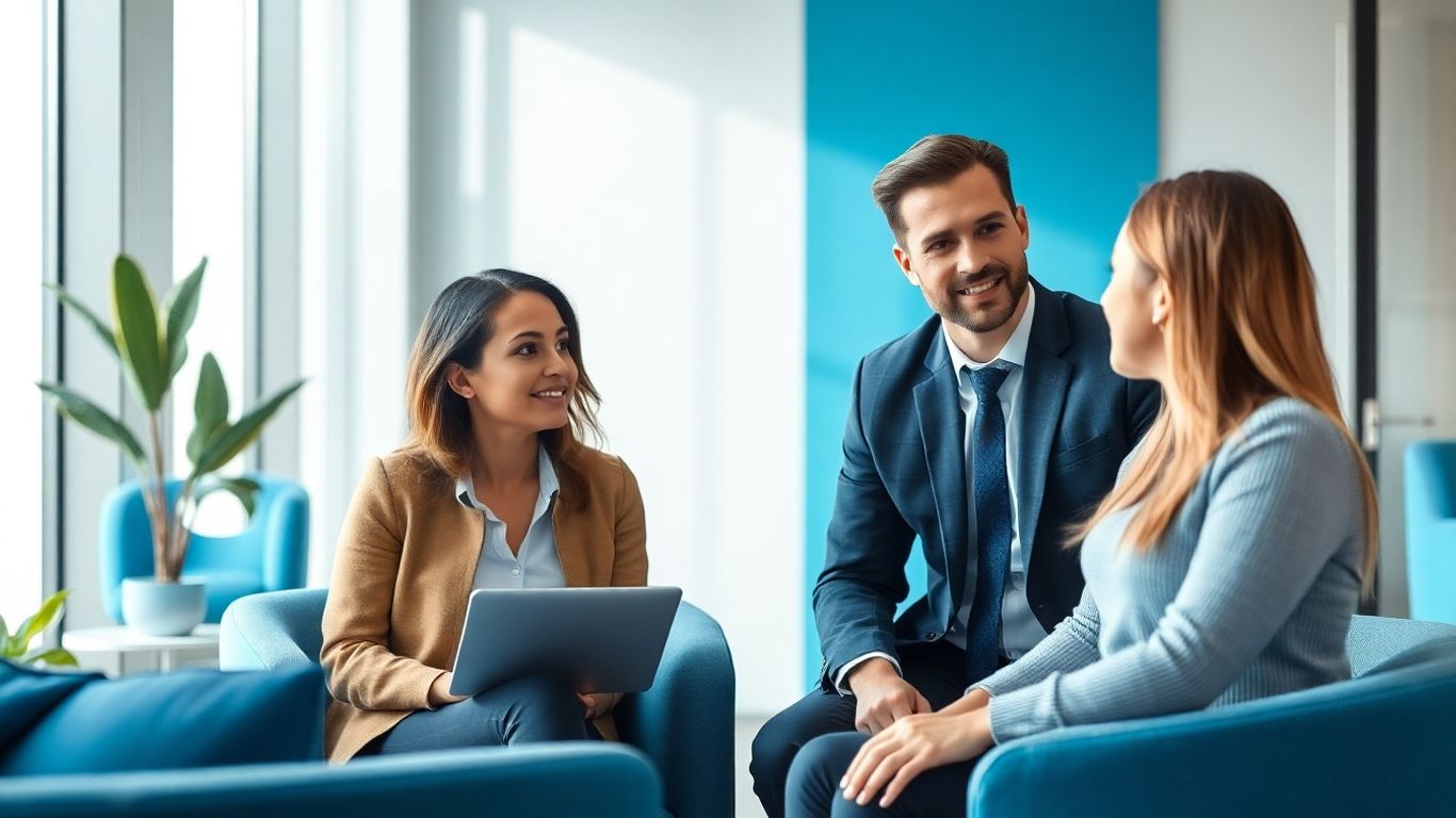 Best Recruiter? Warum uns faire und transparente Prozesse am Herzen liegen Vorstellungsgespräch in modernem Büro mit blauen Akzenten.