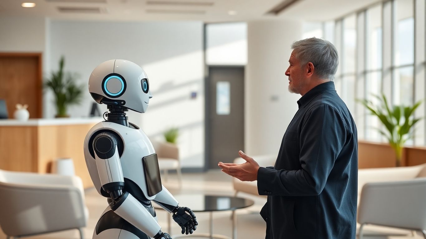 AI receptionist assisting a patient in a clinic.