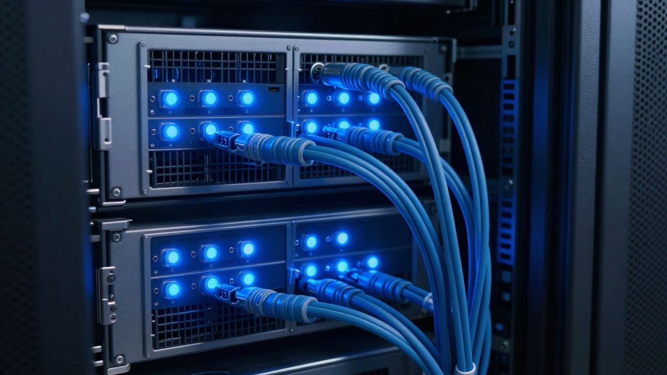 Servidores con luces azules y cables interconectados.