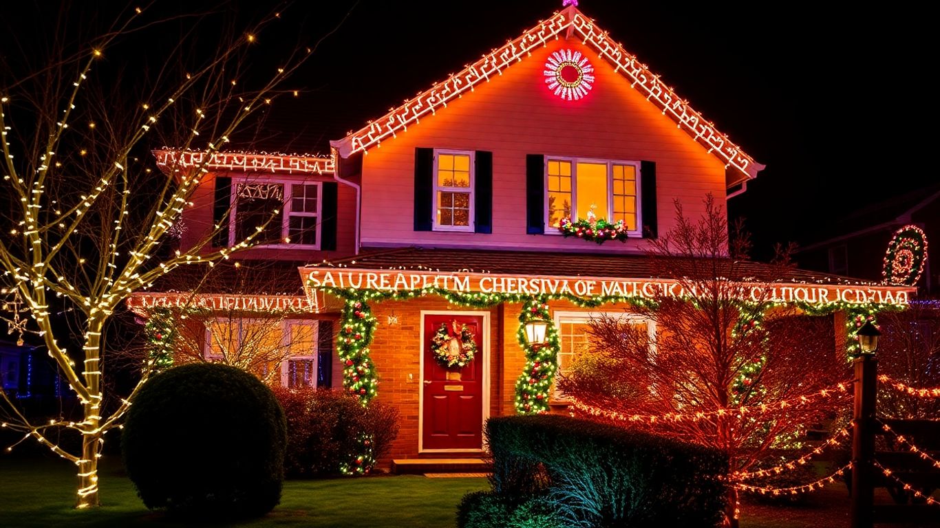 Kirkwood house adorned with bright Christmas lights.