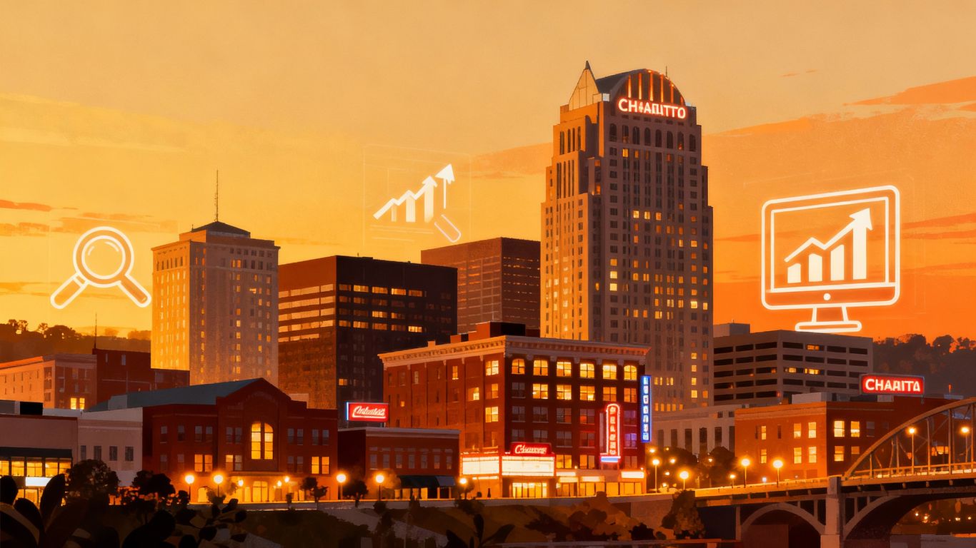 Chattanooga skyline with digital marketing icons.