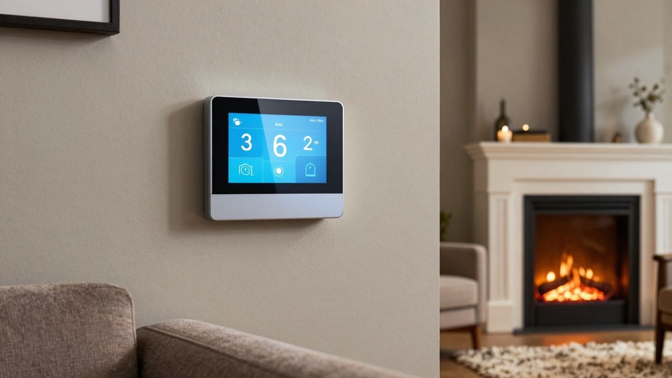 Smart thermostat on a wall in a warm living room.