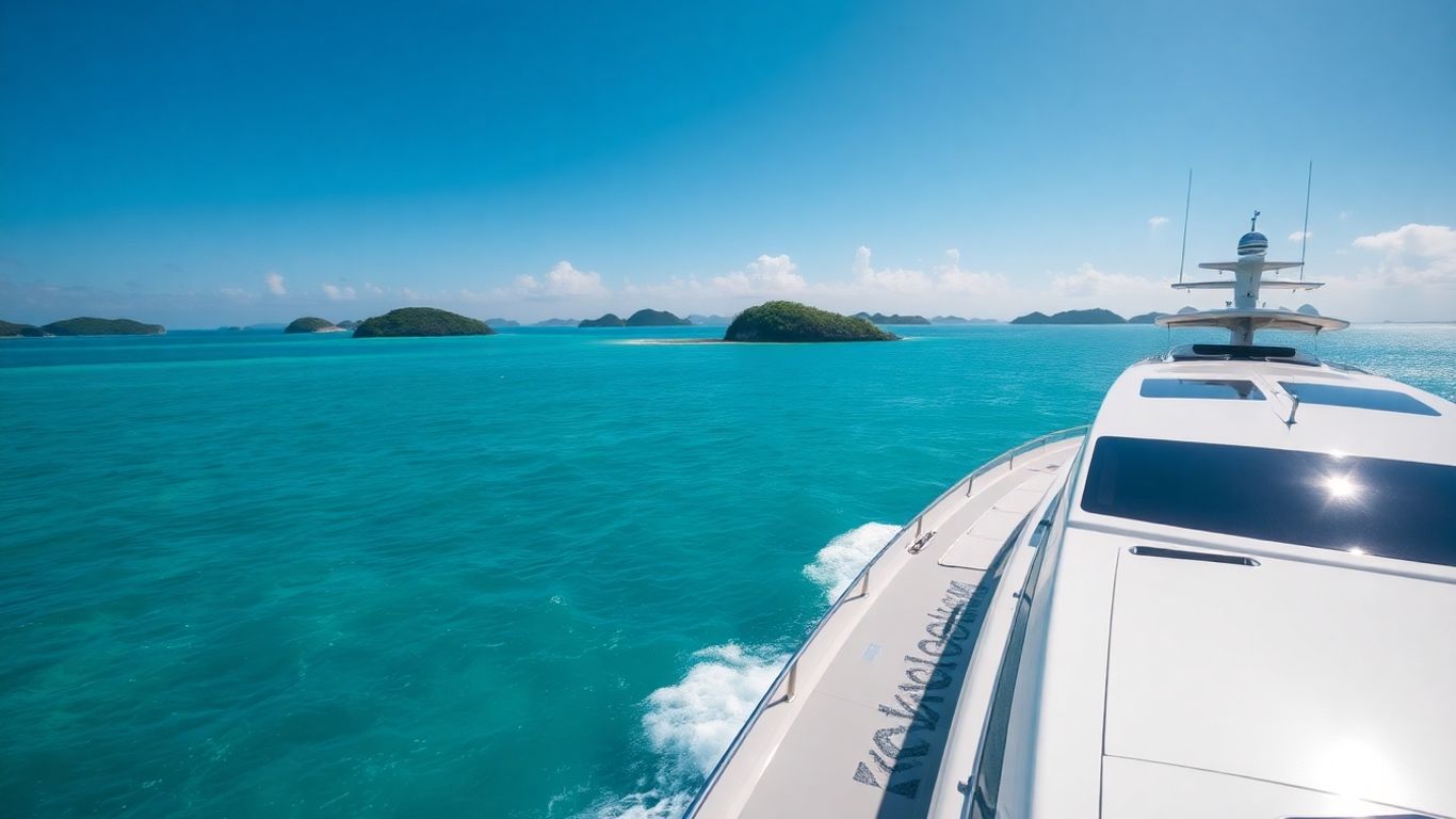 Luxury yacht sailing on clear blue sea near tropical islands.
