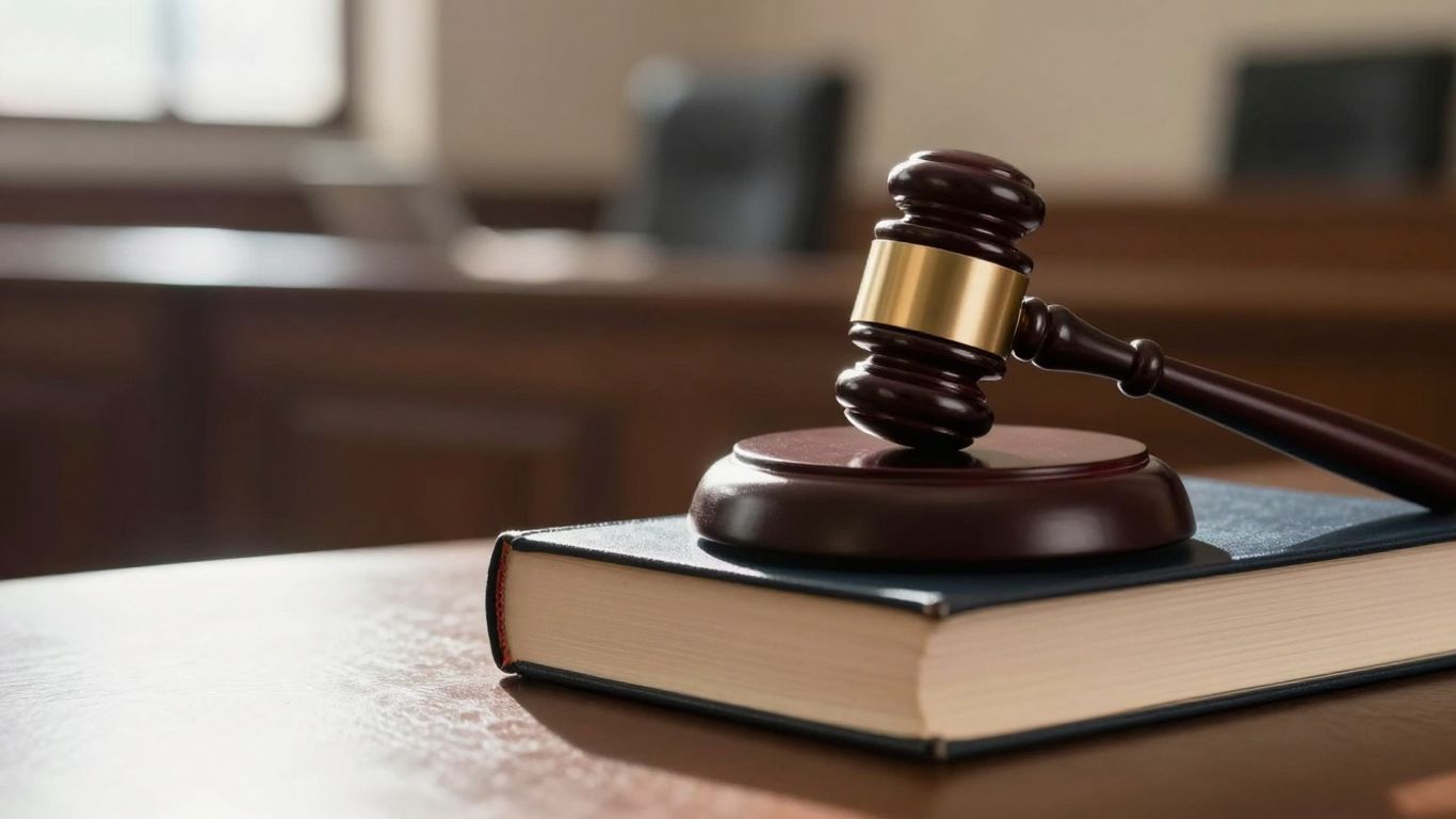 Gavel on legal books in a courtroom.