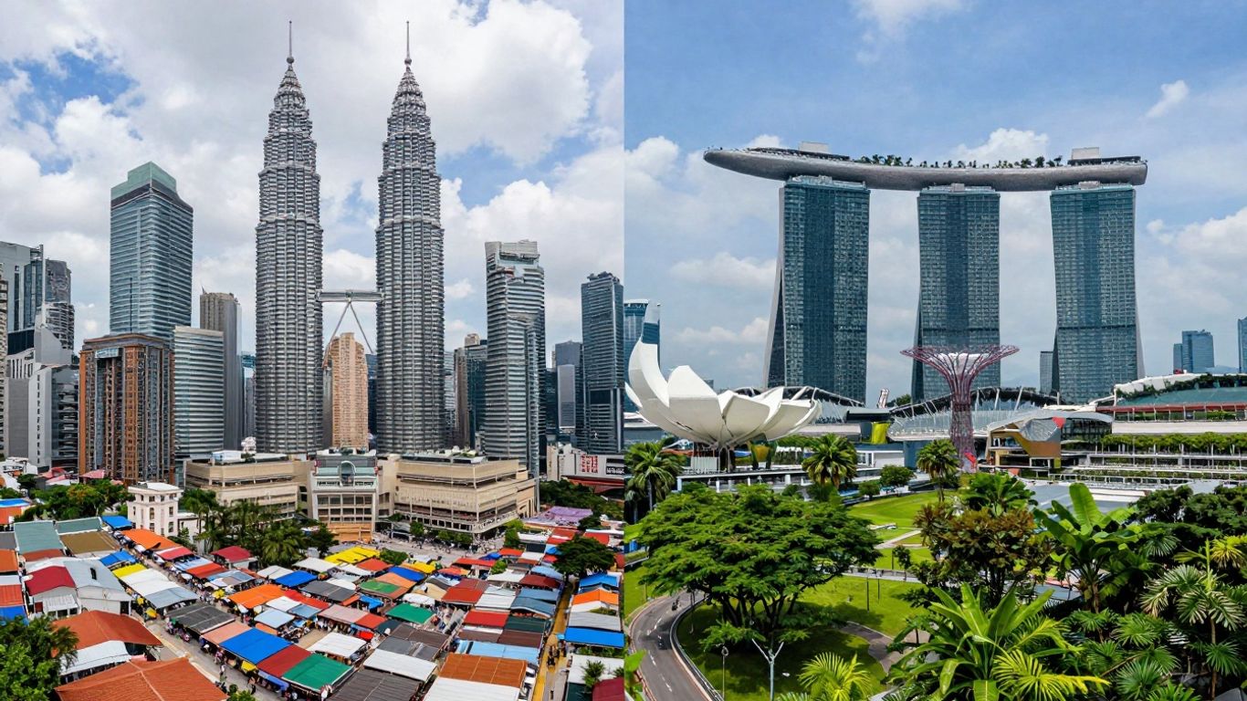 Kuala Lumpur and Singapore city skylines side-by-side.