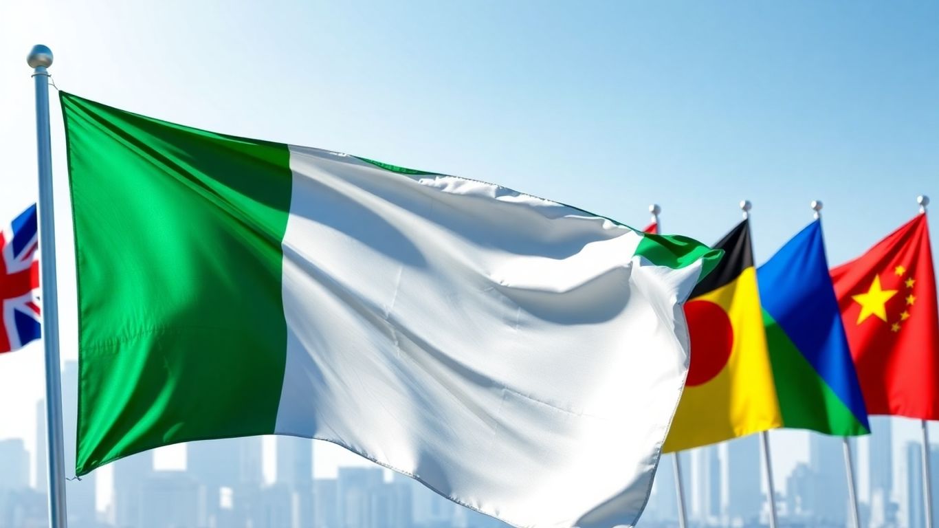 Nigeria and BRICS flags with futuristic cityscape background.