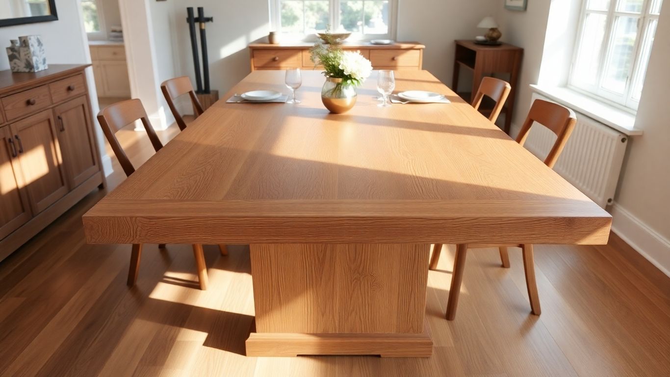 Solid oak dining table in a sunlit dining room.