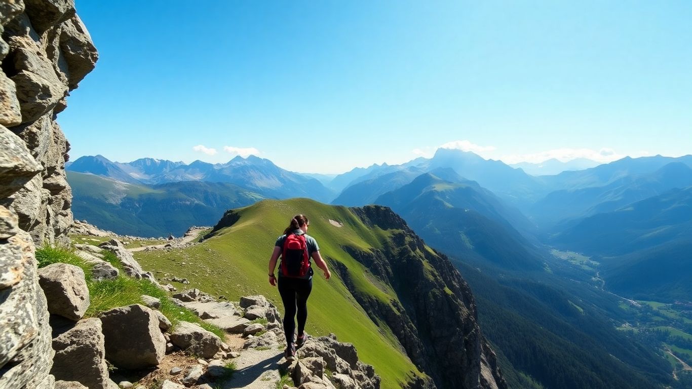 Via ferrata climber on a scenic Swiss mountain path.
