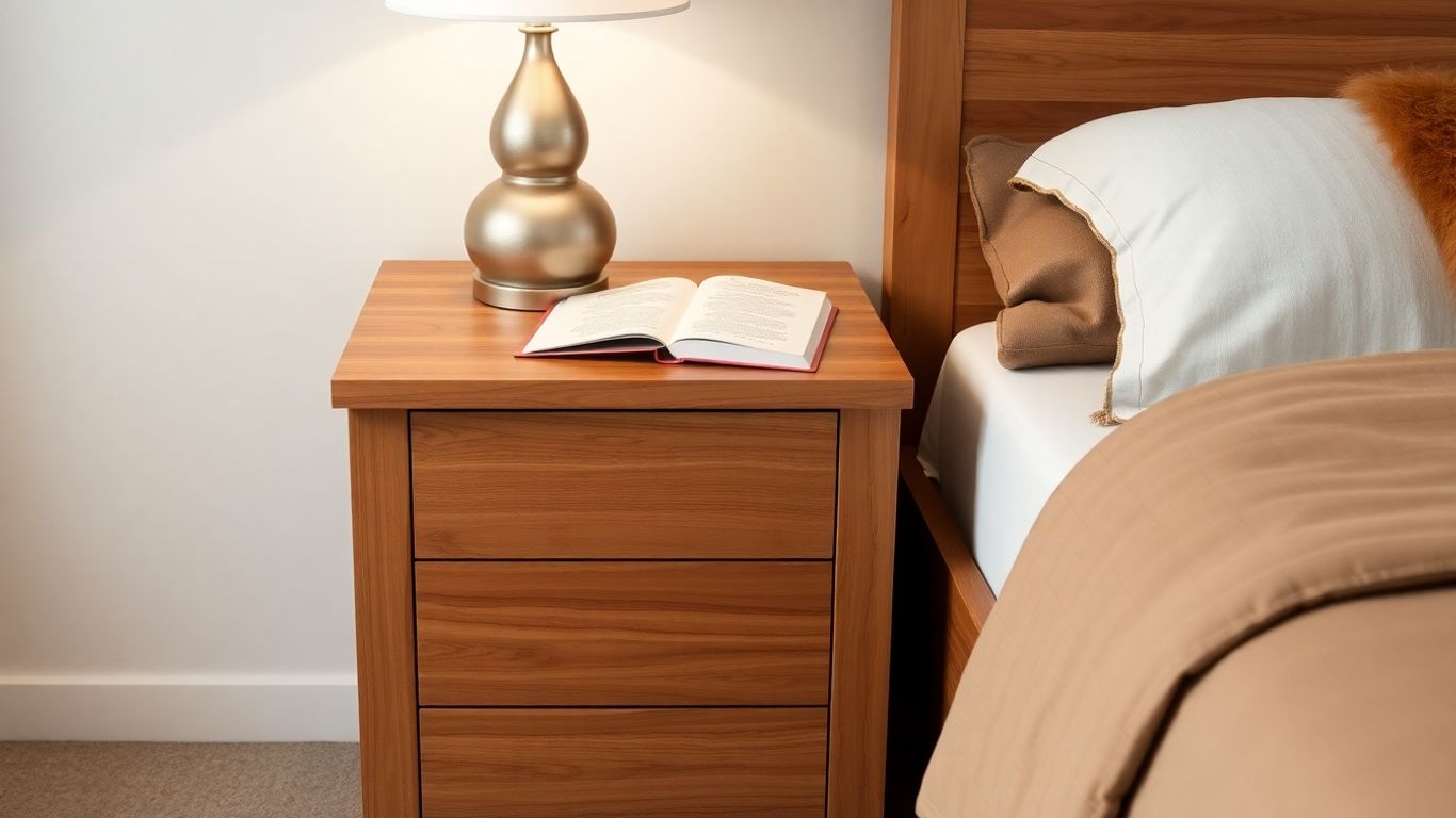 Oak nightstand next to a bed