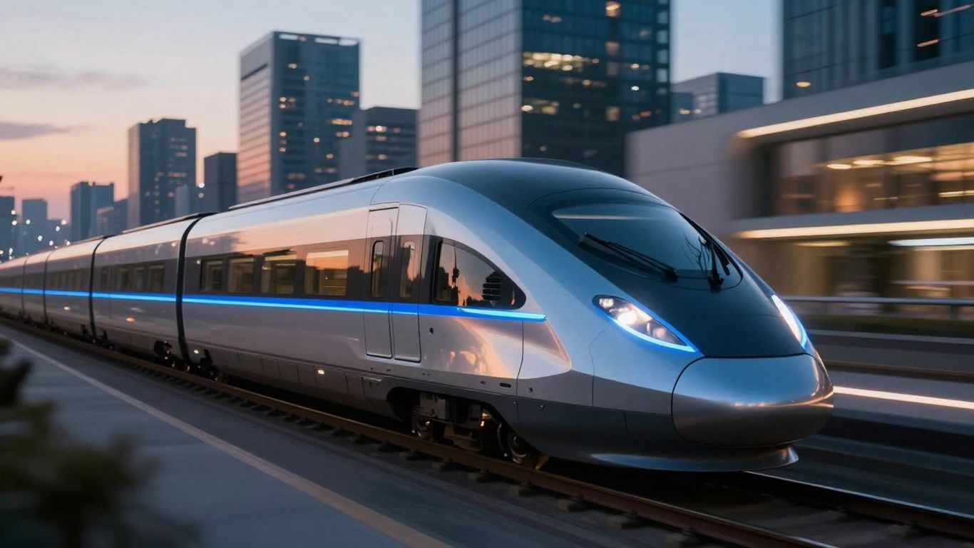 Tren futurist cu linii luminoase în oraș.