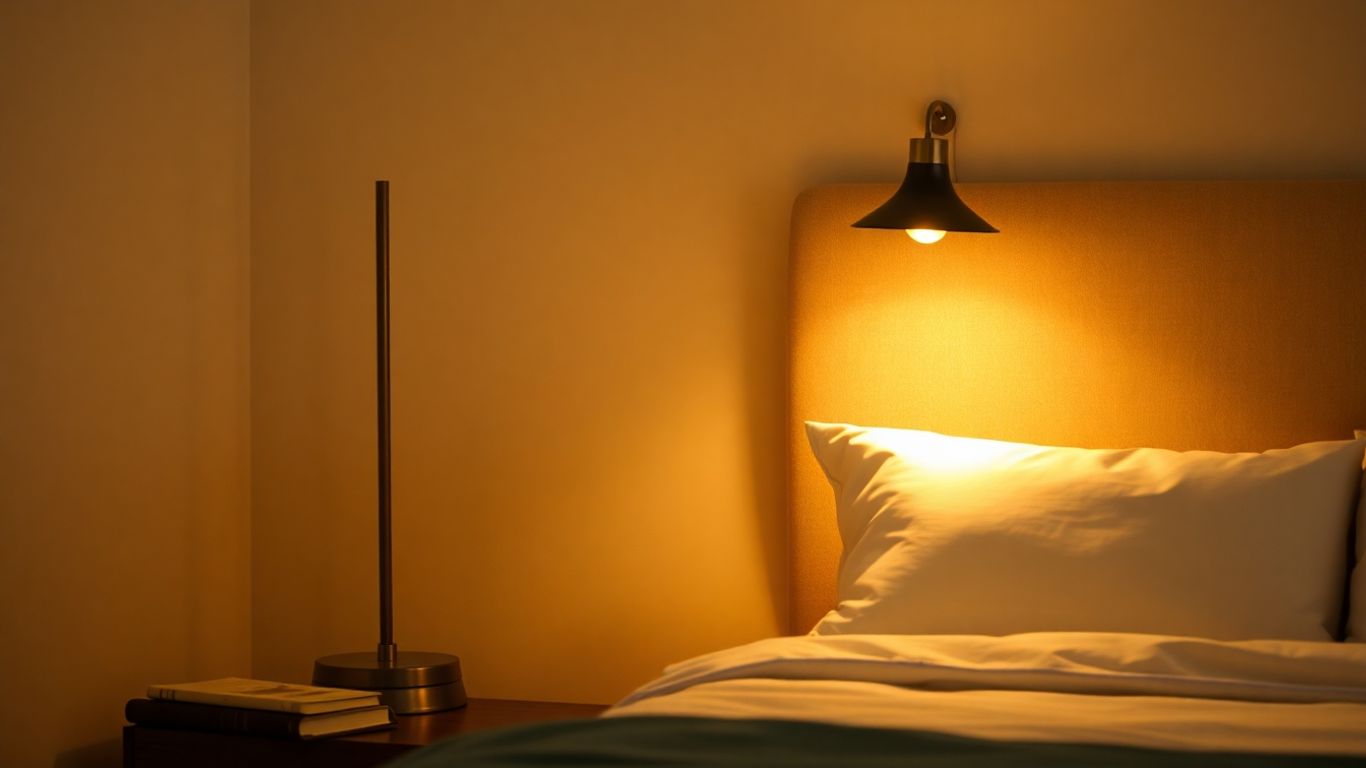 Soft glow from a bedside lamp in a bedroom.