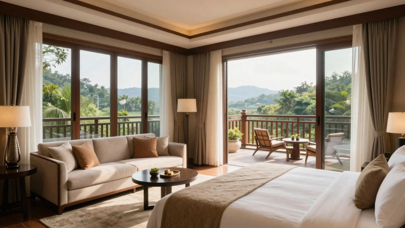 Luxuriöses Hotelzimmer mit Panoramablick und privatem Balkon.