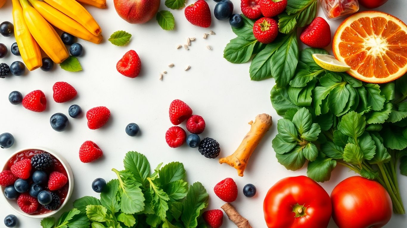 Colorful anti-inflammatory foods like berries and greens.