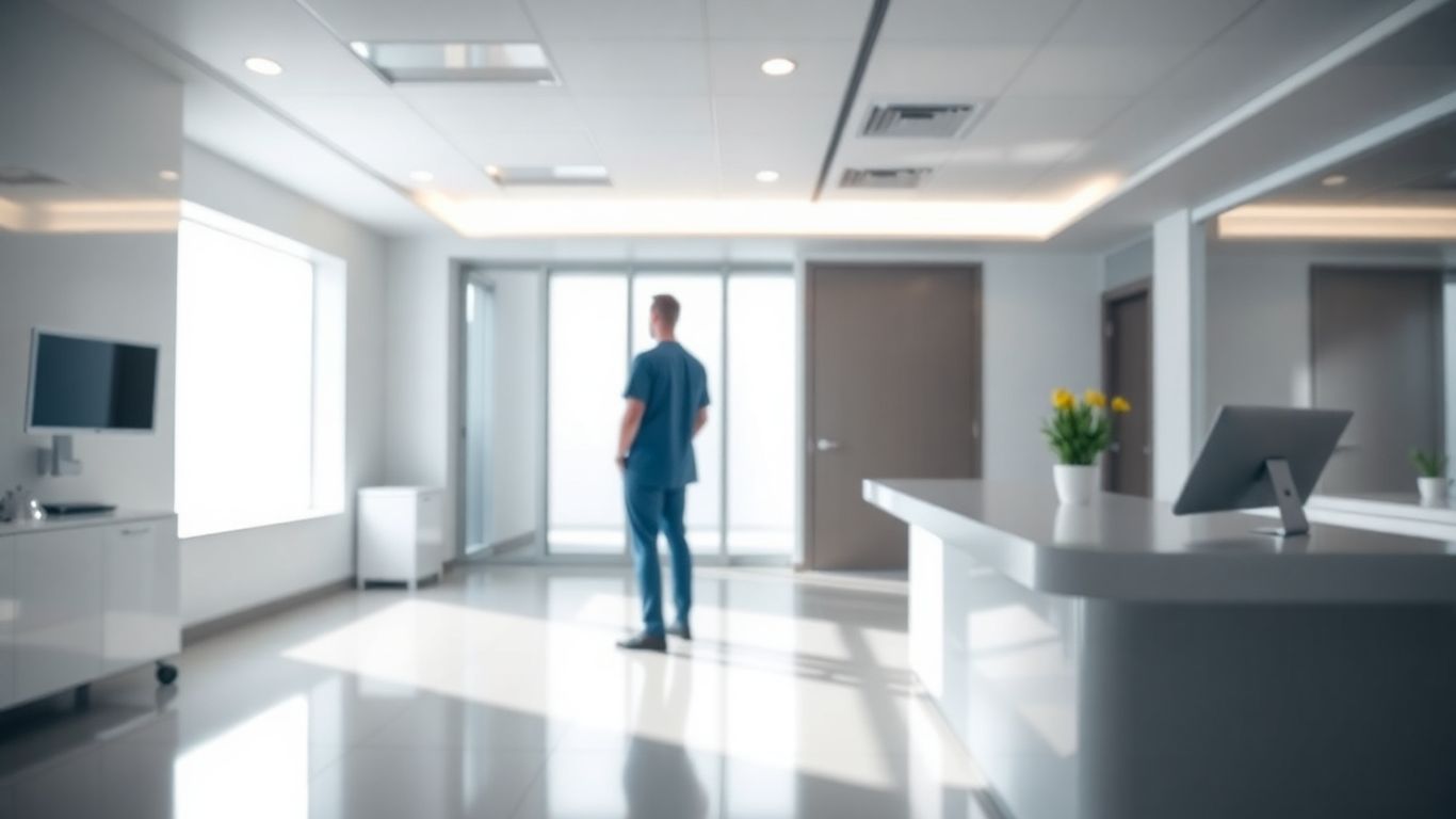 Clinic interior with a professional looking at a window.