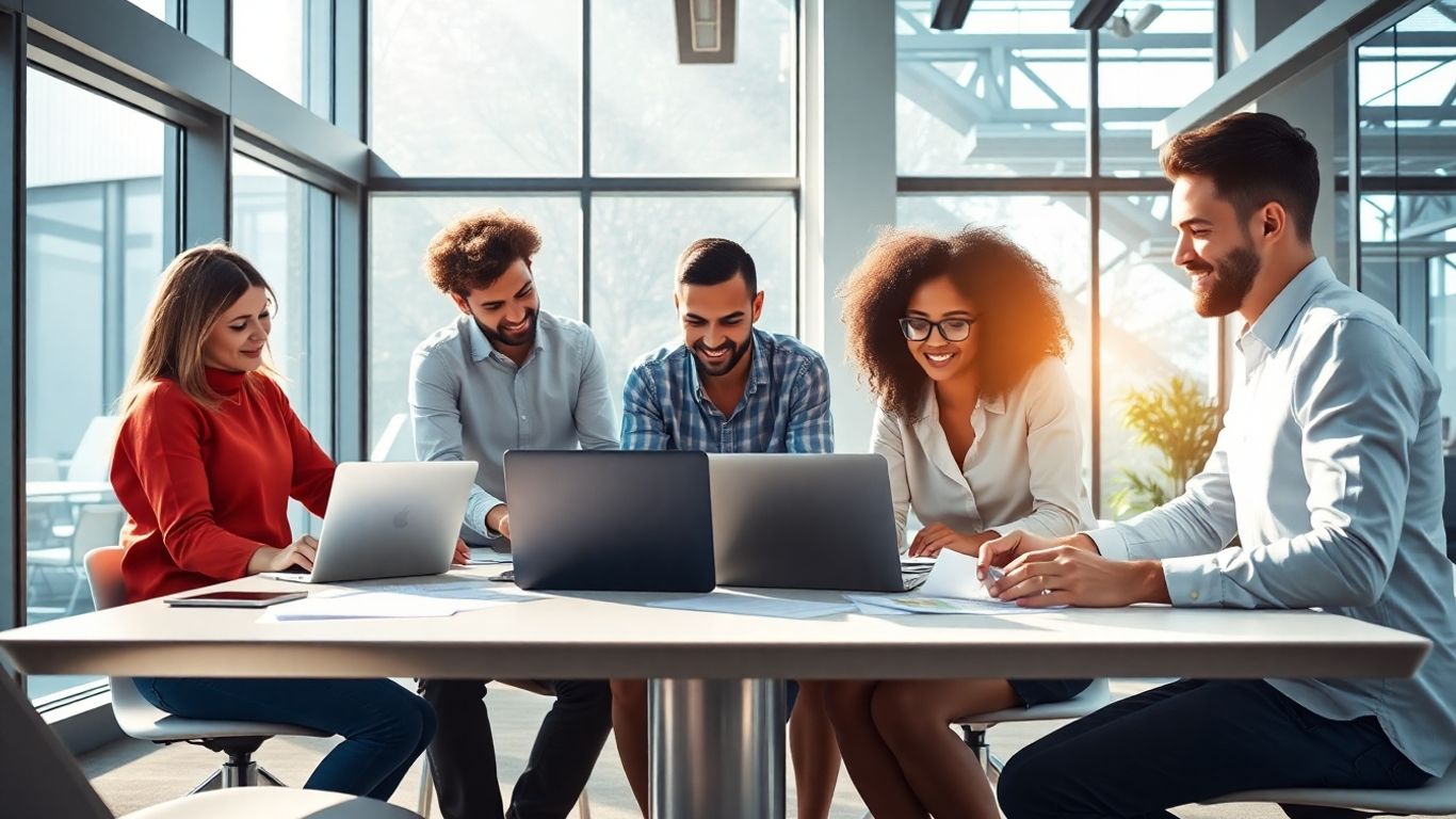 Echipă tânără colaborând într-un spațiu modern de birouri.