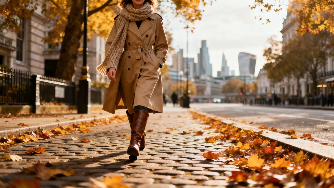 London autumn fashion: woman in trench coat and boots.