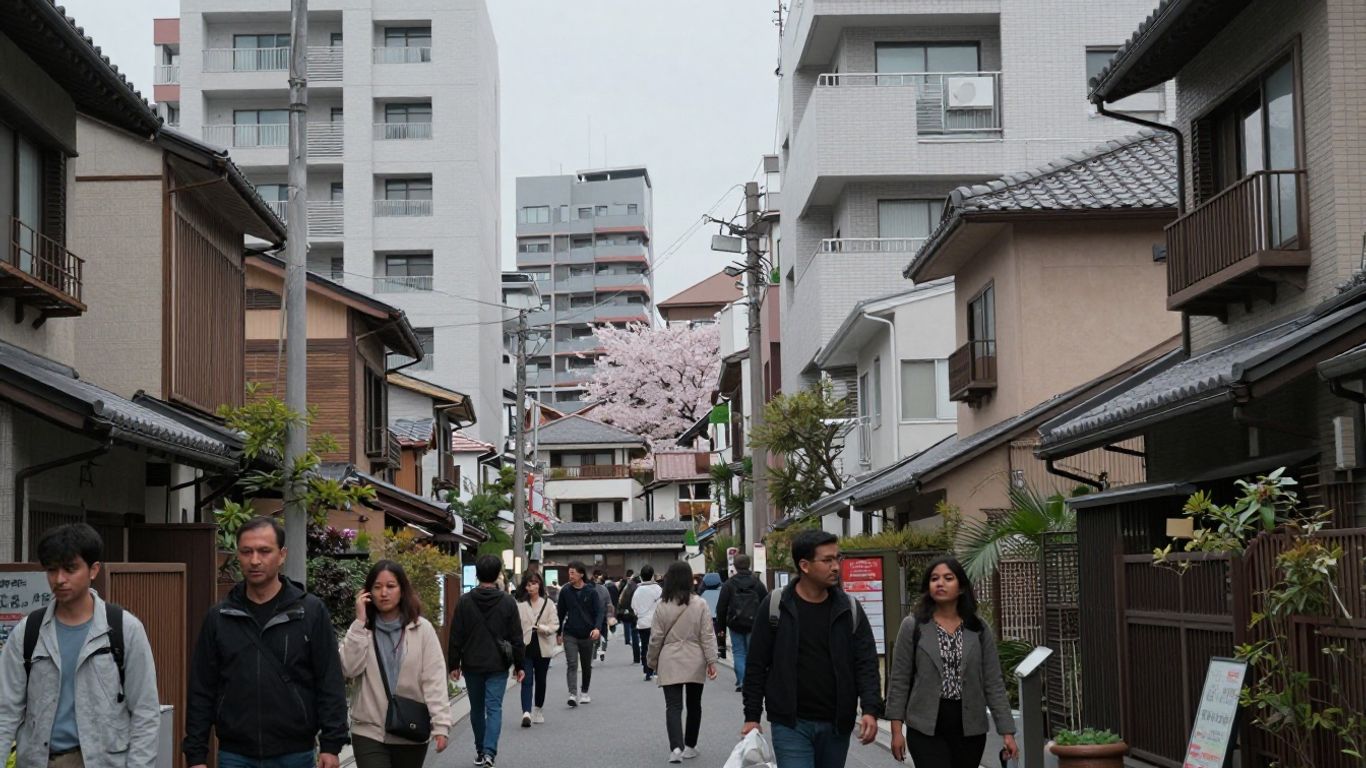 Tokyo street with diverse housing and cherry blossoms.