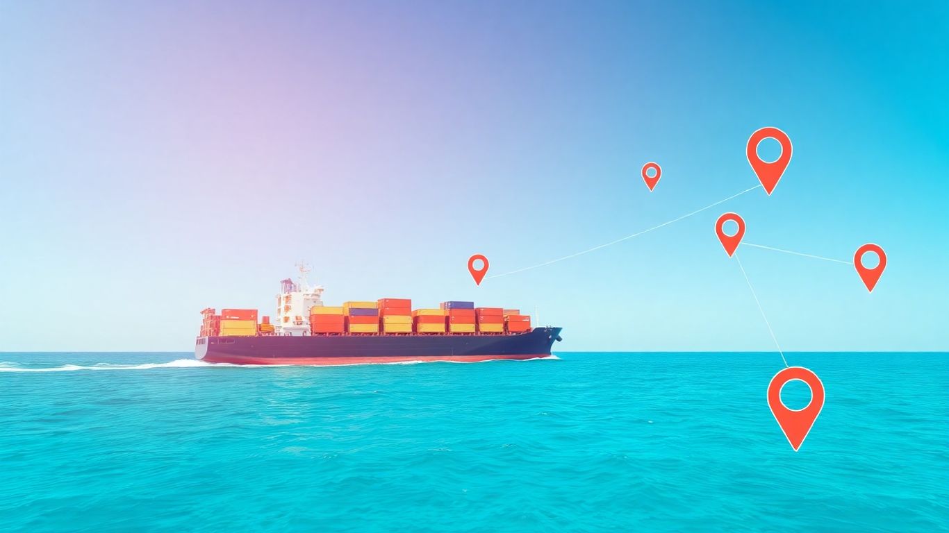 Cargo ship on ocean with digital tracking overlays