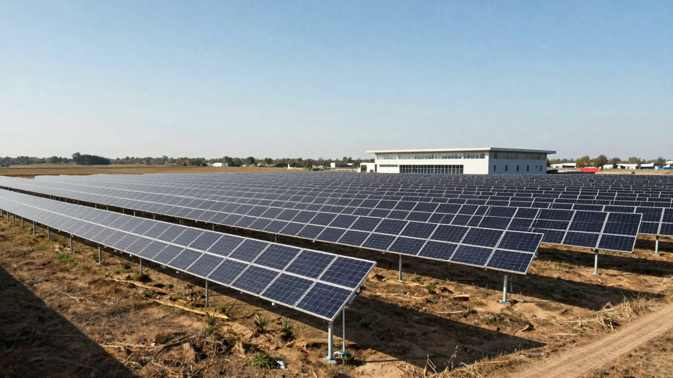 Solar panels under a bright sky, with a building in the background.