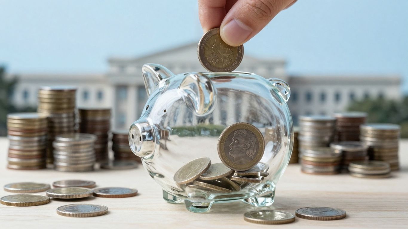 Mână pune monedă în pușculiță, simbolizând cheltuieli publice.
