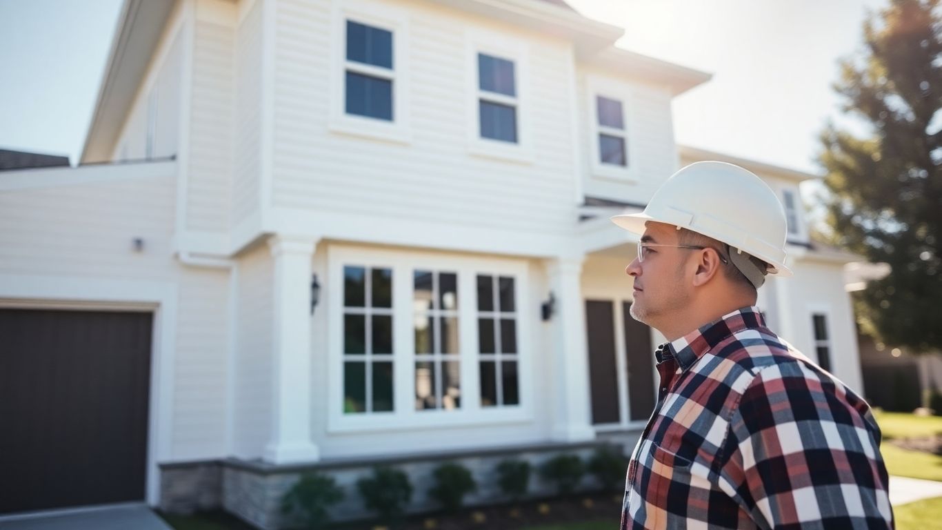 Contractor inspecting a new house exterior.