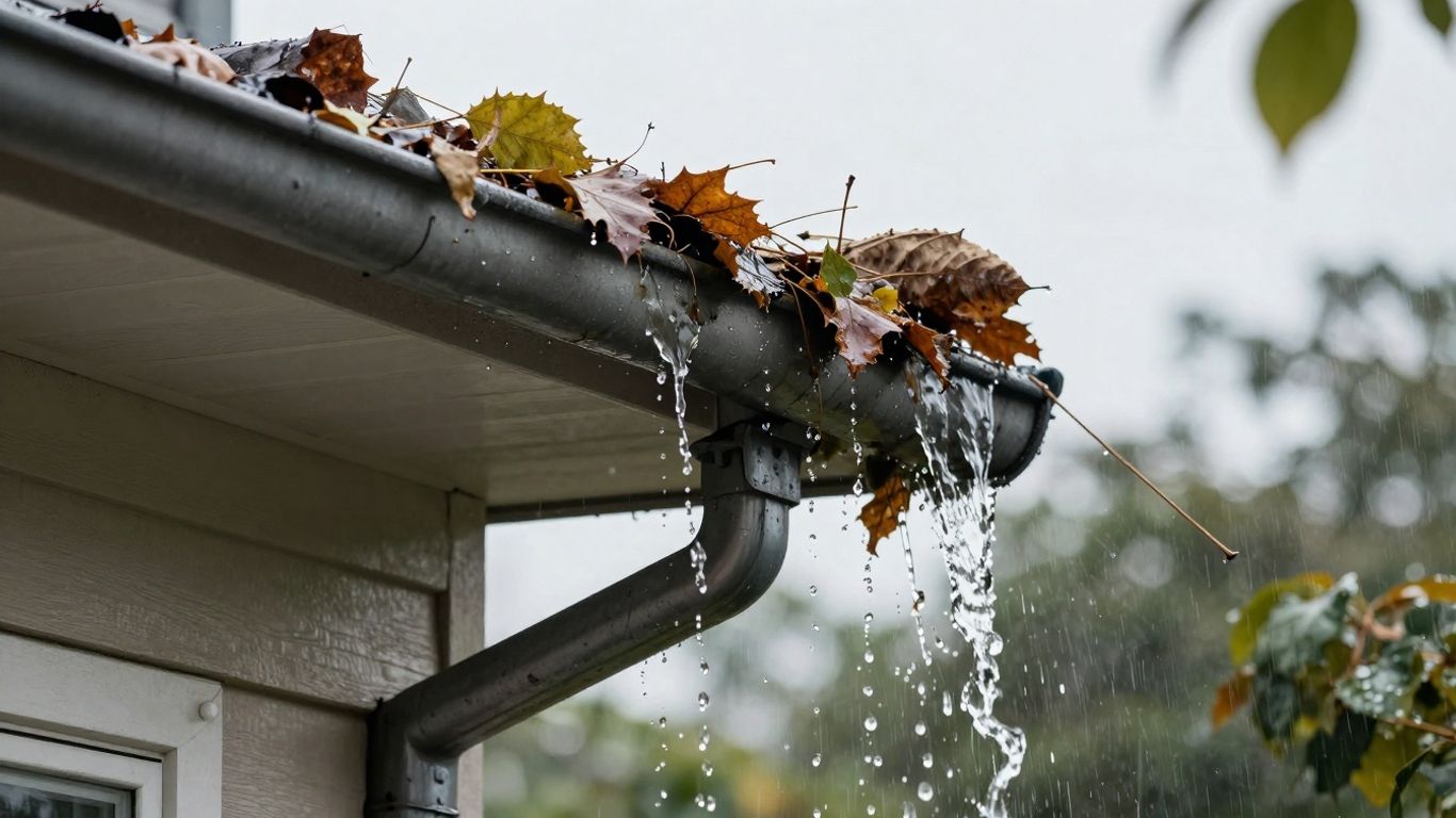 Clogged gutters overflowing with leaves and water.