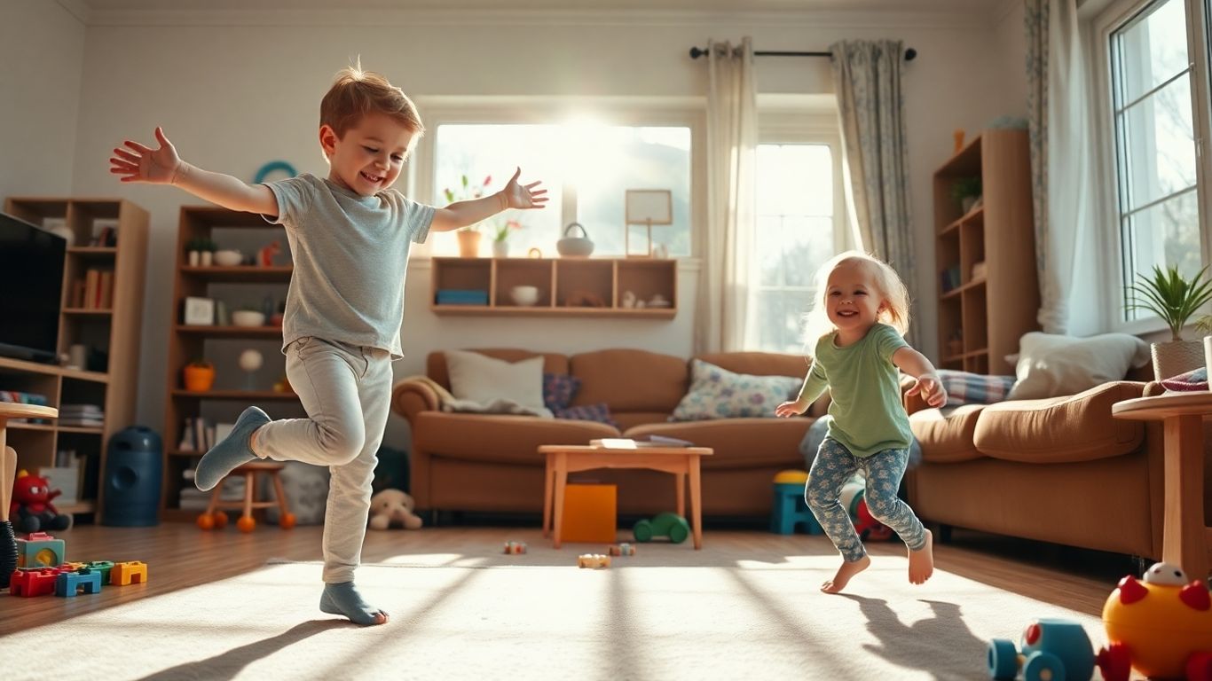 Kinder spielen fröhlich zu Hause ohne Geräte.
