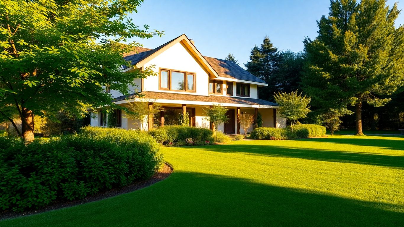 Casa moderna con jardín y cielo azul.