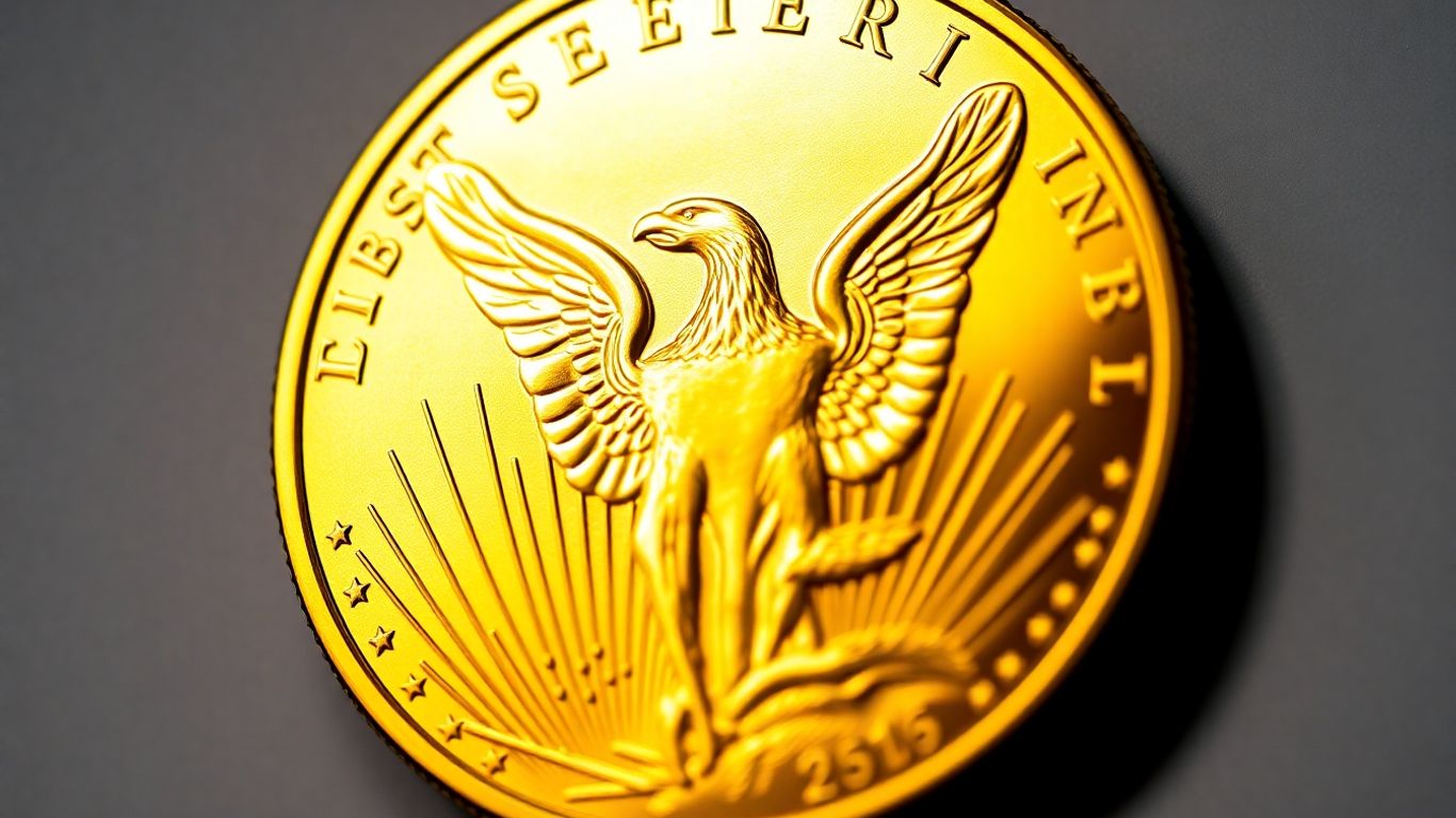Close-up of a shiny American Gold Eagle coin.