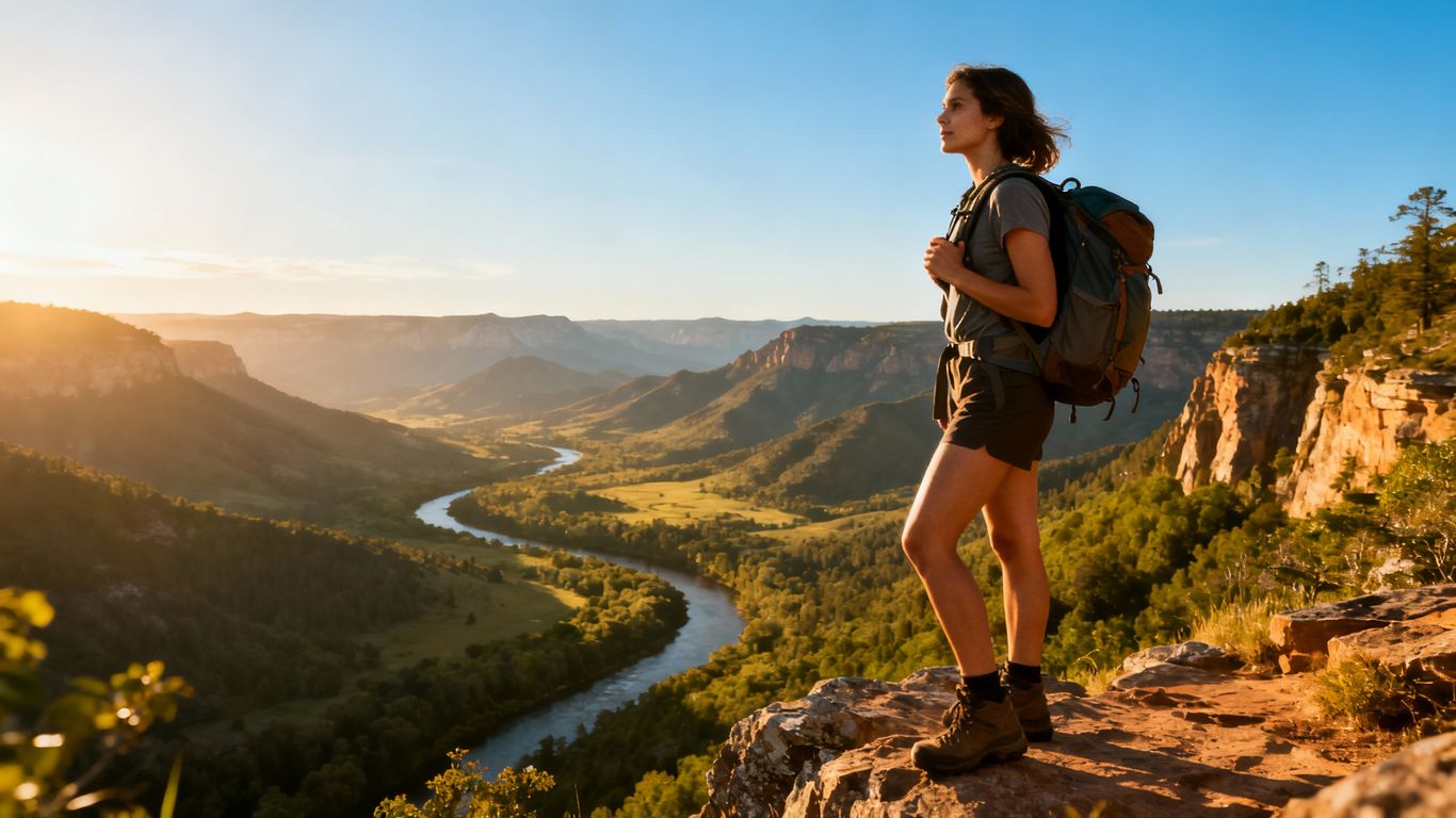 Woman confidently overlooking a scenic landscape during solo travel.