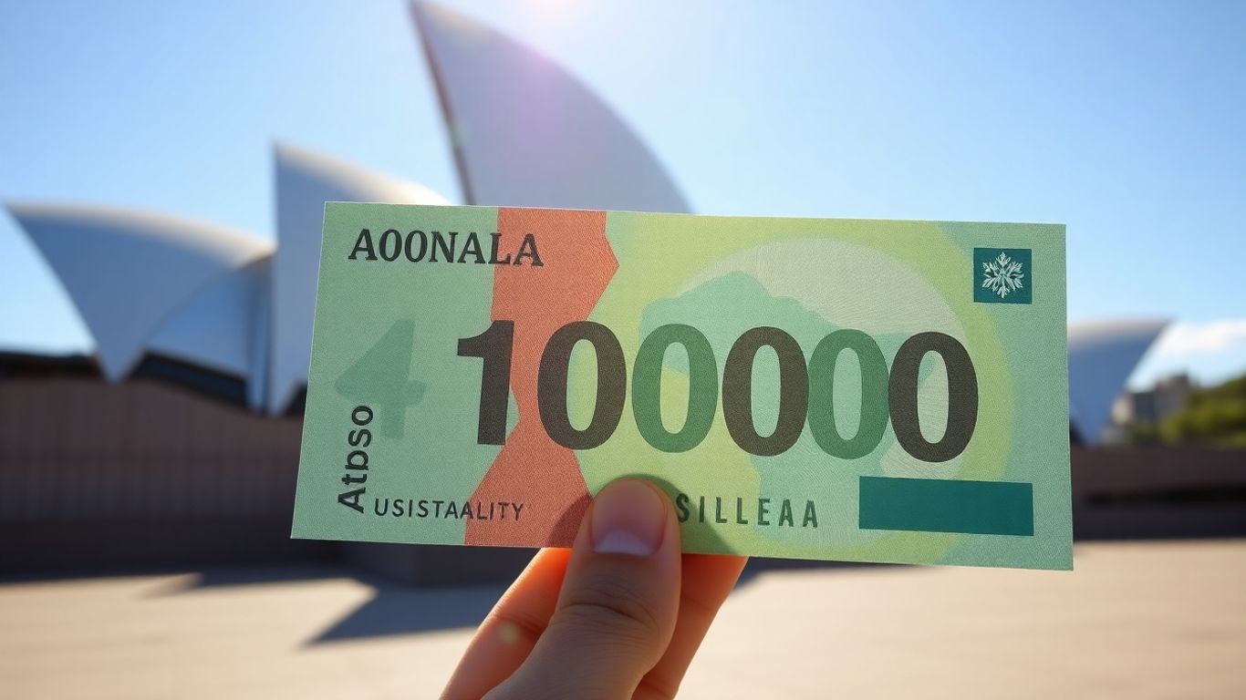 Australian $100,000 banknote with Sydney Opera House background.