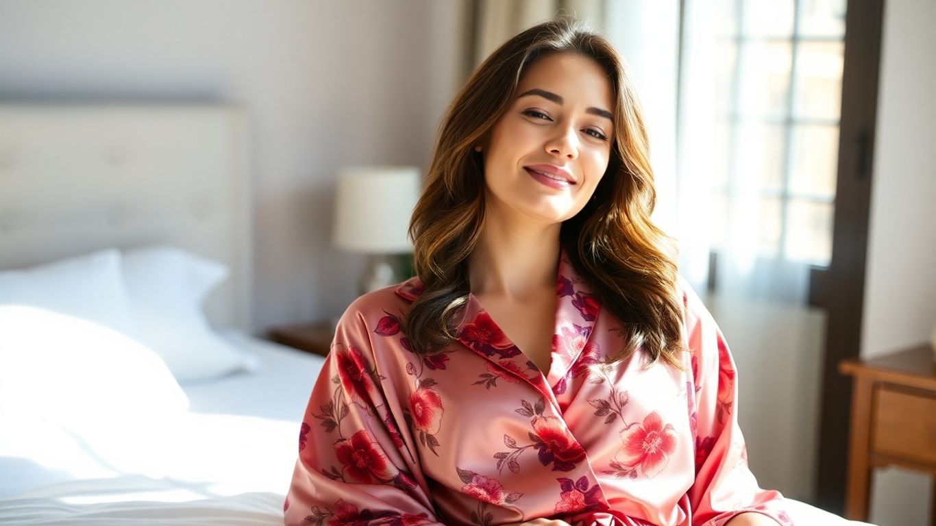 Woman in a luxurious satin kimono pajama set