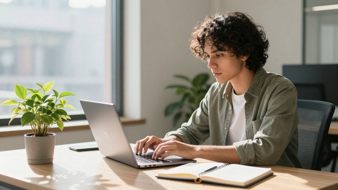 Person working on laptop in bright office