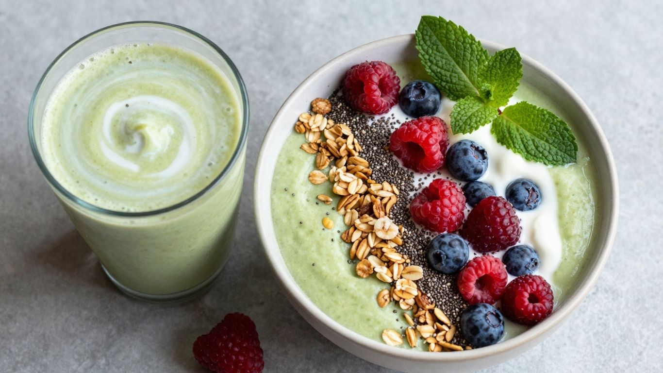 Heart-healthy breakfast bowl and smoothie with fresh fruit.